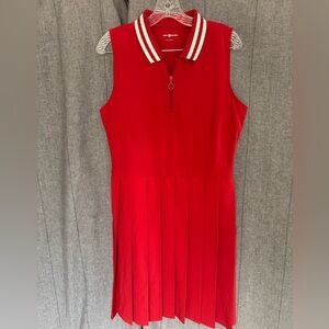 TORY BURCH Sport Red And White Zip Collar Performance Pleated Golf Dress L = 12
